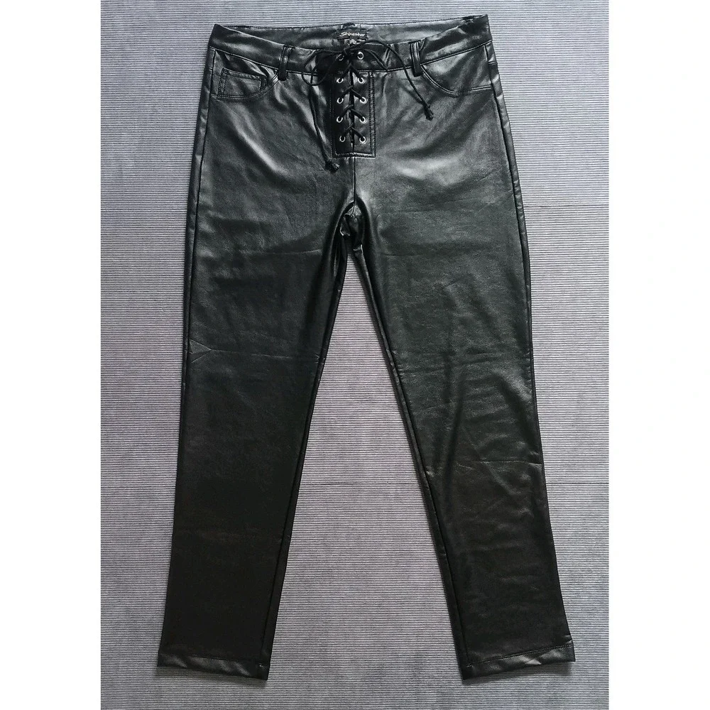 NWT Shinestar Women's Tie Front Black Faux Leather High Waist Pants XL - Picture 3 of 11